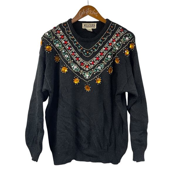 Not So Ugly Christmas Sweater Gems Beads Vintage V Neck Western Connection Large - Picture 1 of 6